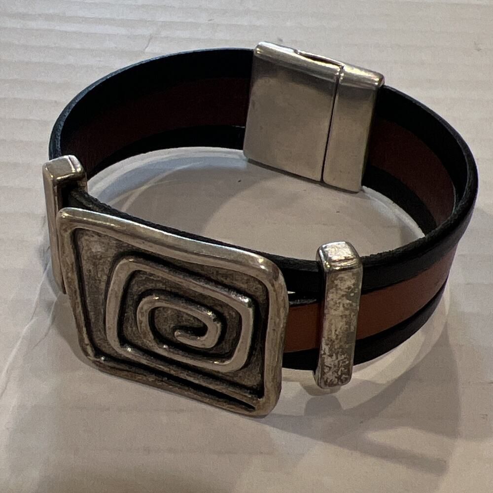 Black Brown Leather Bracelet Silver Tone Pewter Magnet Closure